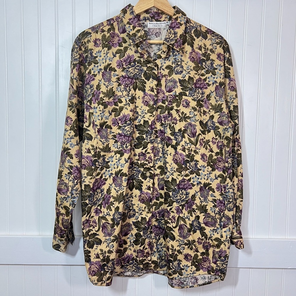 Vtg Abercrombie Fitch Y2K Button Up Shirt Heritage Floral Purple Yellow Preppy